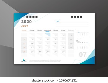 2020 July desk calendar white blue theme with blank lines for taking note