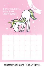 2020 june calendar with calligraphy phrase and unicorn doodle: A life without love is like a year without summer. Desk calendar, planner design, week starts on sunday.