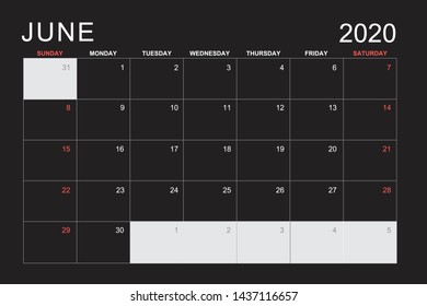 2020 June Calendar On Black Background