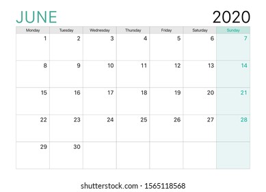 2020 June illustration vector desk calendar weeks start on Monday green and white theme