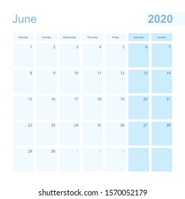 2020 June wall planner in blue pastel color, week starts on Monday. Calendar for June 2020 with blue square and with day of previous and next month.