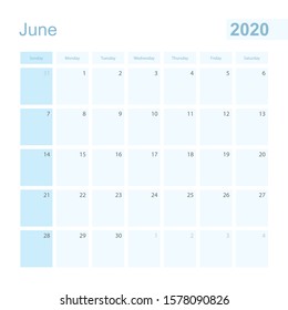 2020 June wall planner in blue color, week starts on Sunday. Calendar for June 2020 with day of previous and next month.