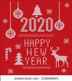 2020 knitted font, elements and borders for Christmas, 2020 New Year or winter design. Ugly sweater style. Sweater ornaments for scandinavian pattern. Vector illustration. Isolated on red background.