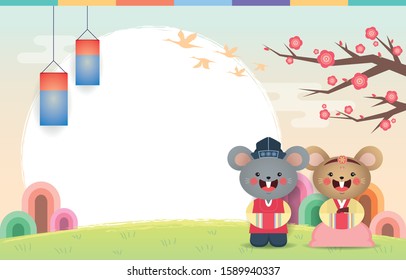 2020 Korean New Year or Seollal greeting template. Cartoon mouse wearing hanbok with sunrise & cherry blossom on spring landscape background. Year of the rat flat vector illustration.