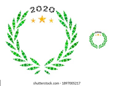 2020 laurel wreath collage of round dots in variable sizes and color tints. Vector round dots are combined into 2020 laurel wreath composition. 2020 laurel wreath isolated on a white background.