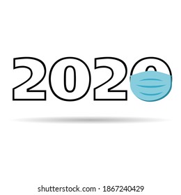 2020 lettering with blue facemask isolated in white background