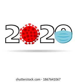 Grabado de 2020 con covid-19 covid - 19 células del virus coronavirus y máscara azul aisladas en fondo blanco