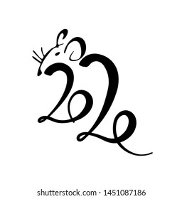 2020 lettering in drawn rat. 2020 year of rat. Lettering logo. Decorative element for calendar. Year of the white rat. Stock vector illustration.