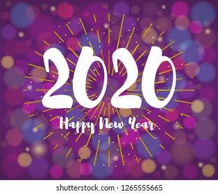 2020 lettering. Happy New Year banner. Cartoon numbers isolated on a violet colorful bokeh background. Glossy concept design for Xmas winter holidays. Vector illustration EPS10 file.