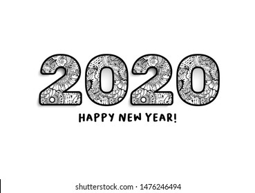 2020 Lettering, Happy New Year Greeting. Calendar Front Cover, Horizontal Slogan with Chinese Zodiac Xmas Holiday, Doodle Nombers with Black Ornament. Notepad Isolated Print.