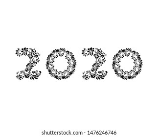 2020 Lettering, Happy New Year Greeting. Calendar Front Cover, Horizontal Slogan with Chinese Zodiac Xmas Holiday, Doodle Nombers with Black Ornament. Notepad Isolated Print.