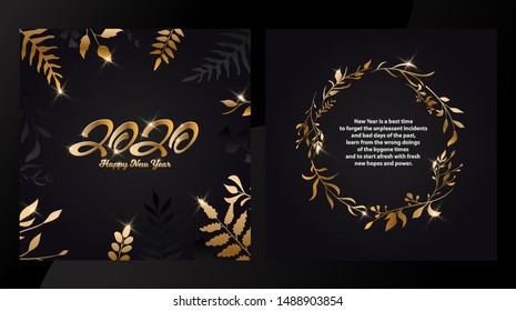 2020 lettering style with glitter effect on dark background with wishes. Golden leaf in wreath, garland. Typography. Collection of Happy New Year and happy holidays.with glitter effect. Vector