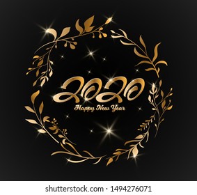 2020 lettering style with glitter effect on dark background. Golden leaf in wreath, garland. Typography. Collection of Happy New Year and happy holidays.with glitter effect on dark background