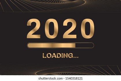 2020 loading. Gold 2020 happy new year isolated on black background. Vector illustration.