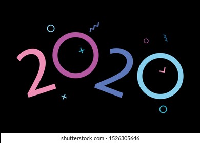 2020 logo in 90s retro style with geometric shapes. Happy new year design concept with abstract decoration symbols. pink and purple colors. Applicable for cards, posters, banners. Vector illustration