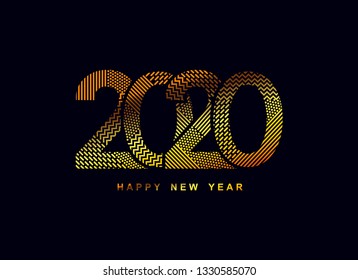 2020 logo Happy New Year. Greeting card with gold inscription 2020 for your layout flyers and greetings card or christmas themed invitations. Vector Illustration. Isolated on black background.