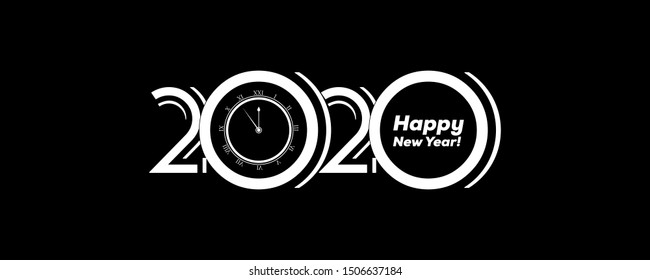 2020 Logo Happy New Year. Brochure Design Template, Poster, Card, Banner. Vector Illustration. White Design Isolated On Black Background.