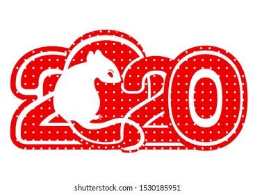 2020 logo, icon, White Metal Rat is a symbol of the 2020 Chinese New Year, card, banner, vector illustration. Red silhouette zodiac sign and numbers patterned speckled isolated on white background