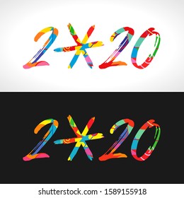2020 logo. Merry Christmas and A Happy New Year seasonal calender numbers concept in brushing style script. Abstract isolated graphic web design template. Creative set of ideas, black white background