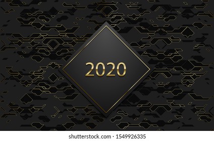 2020 luxury banner. Golden text on black rhombus label frame. Dark technology geometric gold line pattern background. Vector illustration. Vip invitation or greeting card design