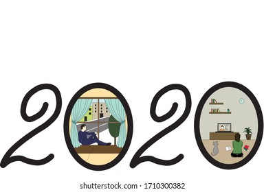 2020: Man working on laptop from home and girl doing home schooling during covid lockdown. Vector illustration