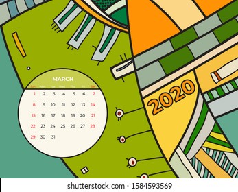 2020 march calendar abstract contemporary art vector. Desk, screen, desktop month 03, 2020, colorful 2020 calendar template, agenda pattern. Psychedelic sketched calendar, day planner. March page.