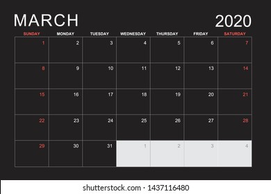 2020 March Calendar On Black Background