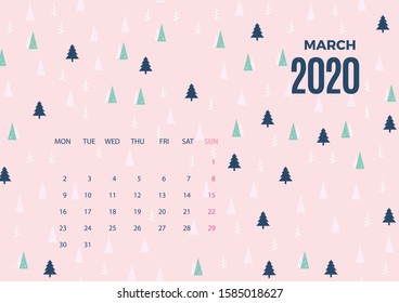 2020 March calendar template. Vector colorful design