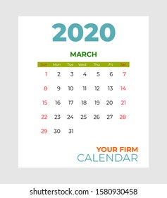 Plantilla vectorial de calendario de marcha 2020. Resumen vacío aislado establecer el calendario 2020. Orden del día de los meses 2020 del escritorio de pantalla. Vector de color verde se burla del calendario, planificador de día. Establecer elemento gráfico de páginas de 12 meses