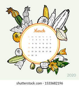2020 March calendar vegetable. Green zucchini groceries art vector set. Desk, screen, colorful 2020 calendar template. Organic fresh food hand drawn line illustration. Sketched calendar, day planner.