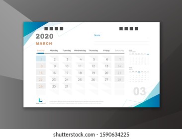 2020 March desk calendar white blue theme with blank lines for taking note