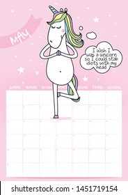 2020 may calendar with calligraphy phrase and unicorn doodle: I Wish I was a unicorn so I could stab idiots with my head. Desk calendar, planner design, week starts on sunday.