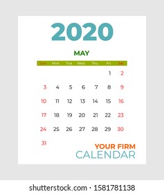 2020 may calendar vector template. Abstract empty isolated set 2020 calendar. Screen desktop months 2020 agenda. Green color vector mock up calendar, day planner. Set 12 month pages graphic element