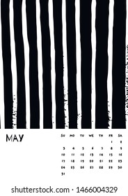 2020 may English Calendar Abstract Vector Hand Draw brush stroke black and white. Week starts Sunday. Monochrome minimalism style. Poster calendar flyer layout, printing media, brochure A3, A4, A5
