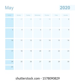 2020 May wall planner in blue color, week starts on Sunday. Calendar for May 2020 with day of previous and next month.