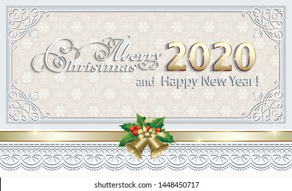 2020 Merry Christmas background with bells, ribbon, frame, ornament on snowflakes background.Vector illustration 
