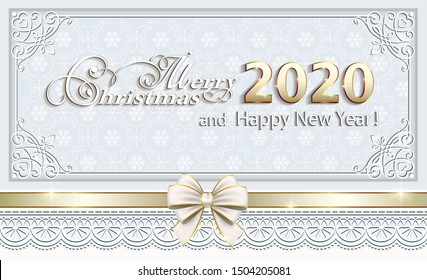 

2020 Merry Christmas background with ribbon, bow on a background of snowflakes in a frame with an ornament. Vector illustration