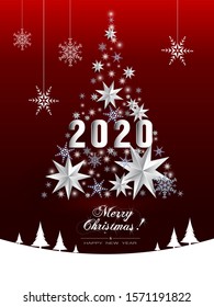 2020. Merry Christmas! Christmas greeting card with abstract christmas tree, snowflakes and calligraphic inscription on red background. New Year tree decoration design