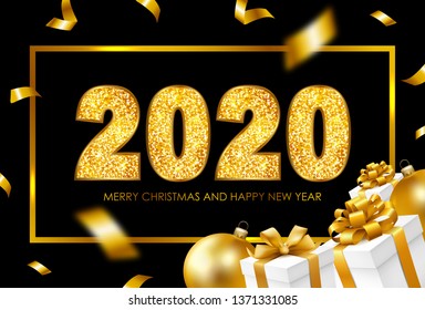 2020 Merry Christmas and Happy New Year card with confetti, gift boxes and balls.