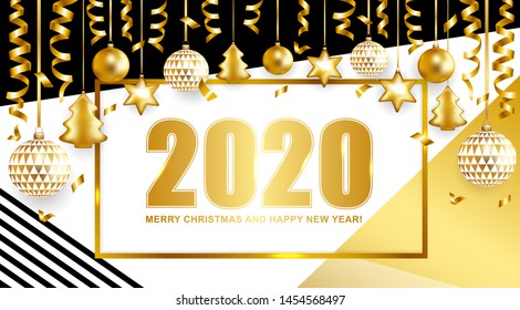 2020 Merry Christmas and Happy New Year card with balls and serpentine on geometric background. Vector illustration.