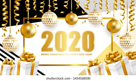 2020 Merry Christmas and Happy New Year card with balls, gifts and serpentine on geometric background. Vector illustration.