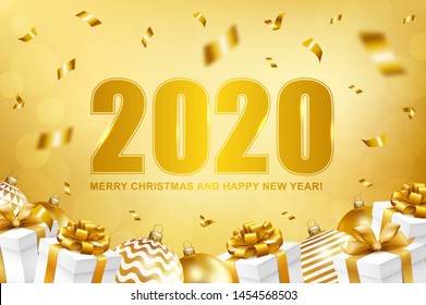 2020 Merry Christmas and Happy New Year card with gifts, balls and confetti. Vector illustration.