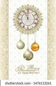 2020 Merry Christmas and Happy New Year. Greeting card with clock on background of snowflakes and Christmas decoration. Vector illustration