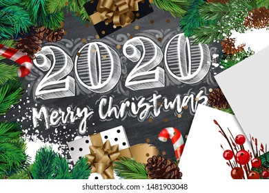 2020 Merry Christmas and Happy New Year banner with white list, fir branches, gifts, candy and confetti. Top view illustration. Vector background.