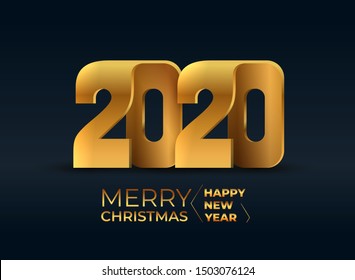 2020 merry christmas and happy new year. 2020 golden symbols for poster, postcard, banner, and web design. Vector illustration. Isolated on black background.