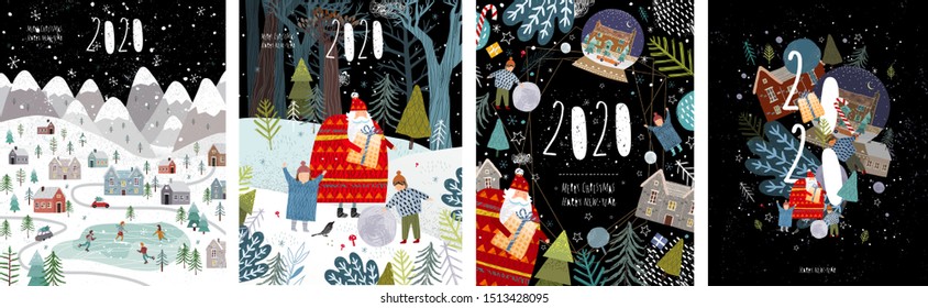2020! Merry Christmas and a happy new year! Vector illustration with the congratulation of the coming year, night winter cityscape, family and children with santa claus and numbers 2020. 
