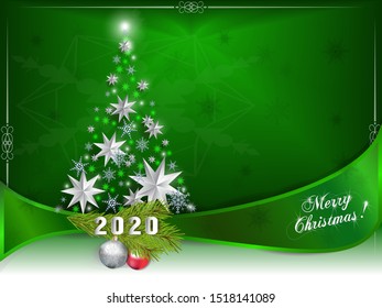 2020. Merry Christmas and Happy New Year Greeting Card. Abstract Christmas tree made of paper stars and snowflakes, fir branch and Christmas balls.