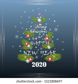 2020. Merry Christmas and Happy New Year 2020 card with red, silver balls and spruce branch. Festive Christmas card on a blue background