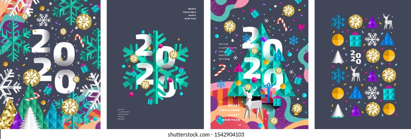 2020! Merry Christmas and a happy new year! Modern abstract geometrical illustration of a Christmas tree, snowflake toys for the holiday poster, banner, card, background or pattern
