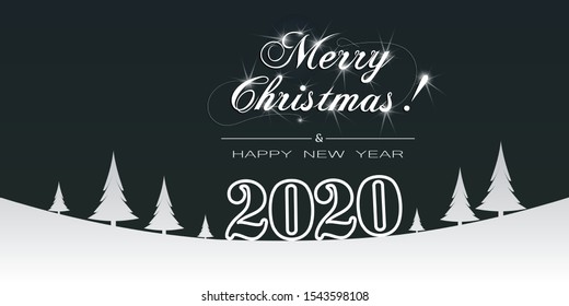 2020. Merry Christmas and Happy New Year  banner. Vintage Christmas Banner. New Year landscape with silhouette of Christmas trees and sign 2020